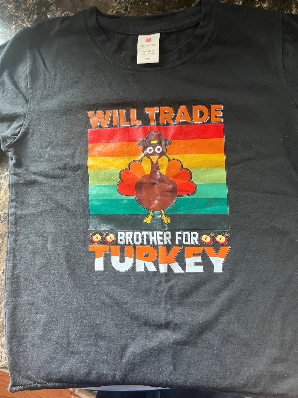 Kids' 'Will Trade Brother for Turkey' Graphic Tee - Black. Worn once